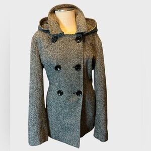 Vintage Esprit Houndstooth Wool Blend Pea Coat with Hood Black White XL